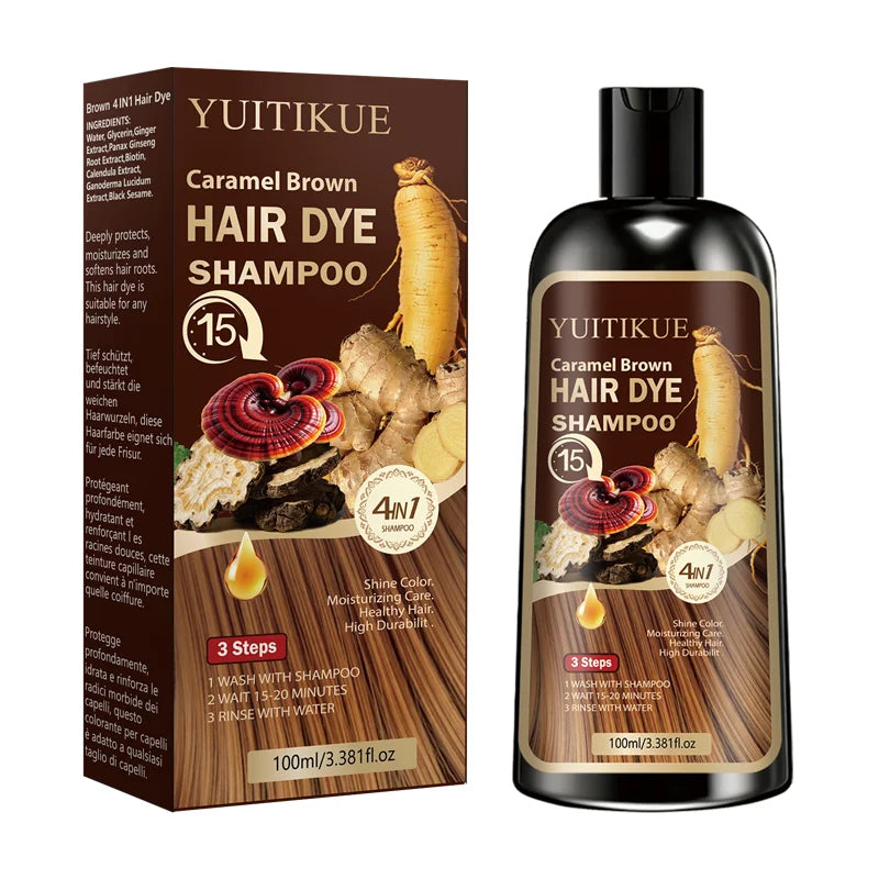 Herbal Hair Dye Shampoo, Fast Coloring, Reishi and Ginseng Extract, Gentle Gray Coverage without Damaging Hair, Caramel Brown