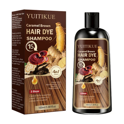 Herbal Hair Dye Shampoo, Fast Coloring, Reishi and Ginseng Extract, Gentle Gray Coverage without Damaging Hair, Caramel Brown