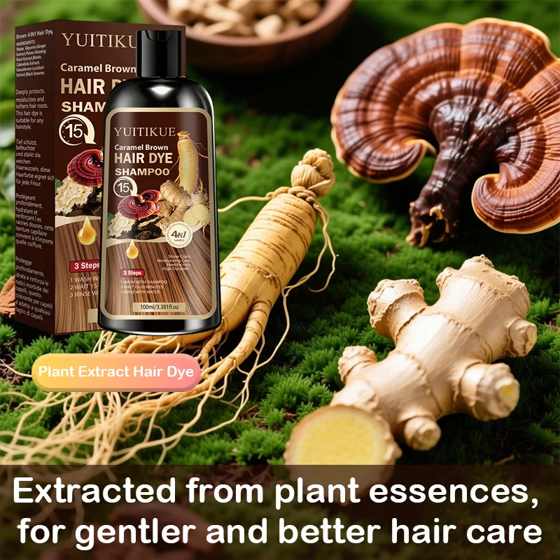 Herbal Hair Dye Shampoo, Fast Coloring, Reishi and Ginseng Extract, Gentle Gray Coverage without Damaging Hair, Caramel Brown