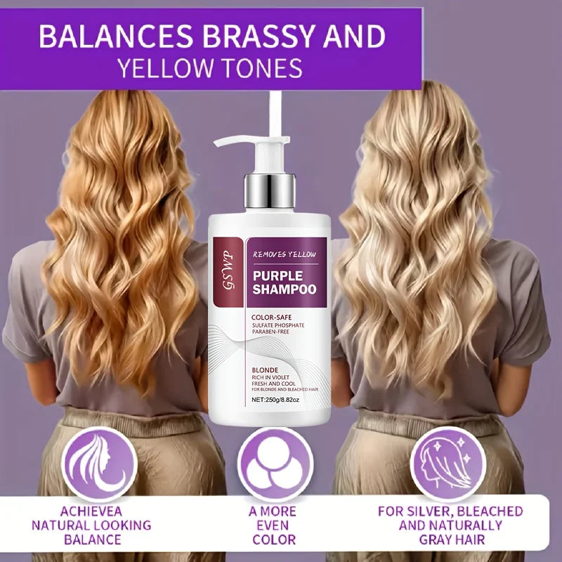 GSWP Yellow-Purple Color-Removing Shampoo, deeply cleanses, moisturizes hair, neutralizes brassy tones, protects dyed hair.250g