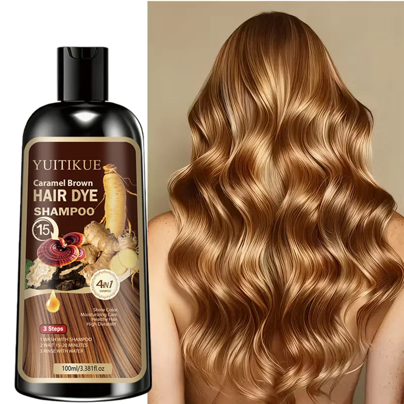 Herbal Hair Dye Shampoo, Fast Coloring, Reishi and Ginseng Extract, Gentle Gray Coverage without Damaging Hair, Caramel Brown