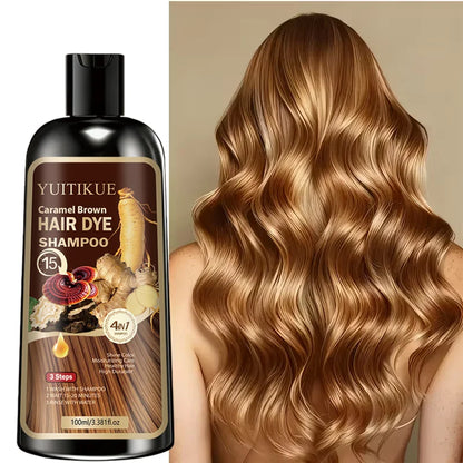 Herbal Hair Dye Shampoo, Fast Coloring, Reishi and Ginseng Extract, Gentle Gray Coverage without Damaging Hair, Caramel Brown