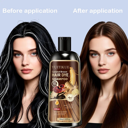Herbal Hair Dye Shampoo, Fast Coloring, Reishi and Ginseng Extract, Gentle Gray Coverage without Damaging Hair, Caramel Brown
