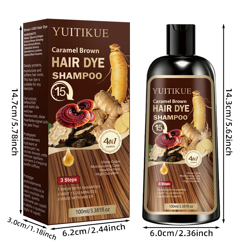 Herbal Hair Dye Shampoo, Fast Coloring, Reishi and Ginseng Extract, Gentle Gray Coverage without Damaging Hair, Caramel Brown