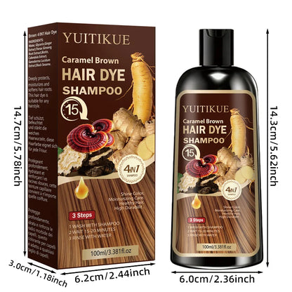 Herbal Hair Dye Shampoo, Fast Coloring, Reishi and Ginseng Extract, Gentle Gray Coverage without Damaging Hair, Caramel Brown