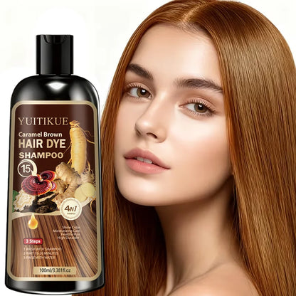 Herbal Hair Dye Shampoo, Fast Coloring, Reishi and Ginseng Extract, Gentle Gray Coverage without Damaging Hair, Caramel Brown