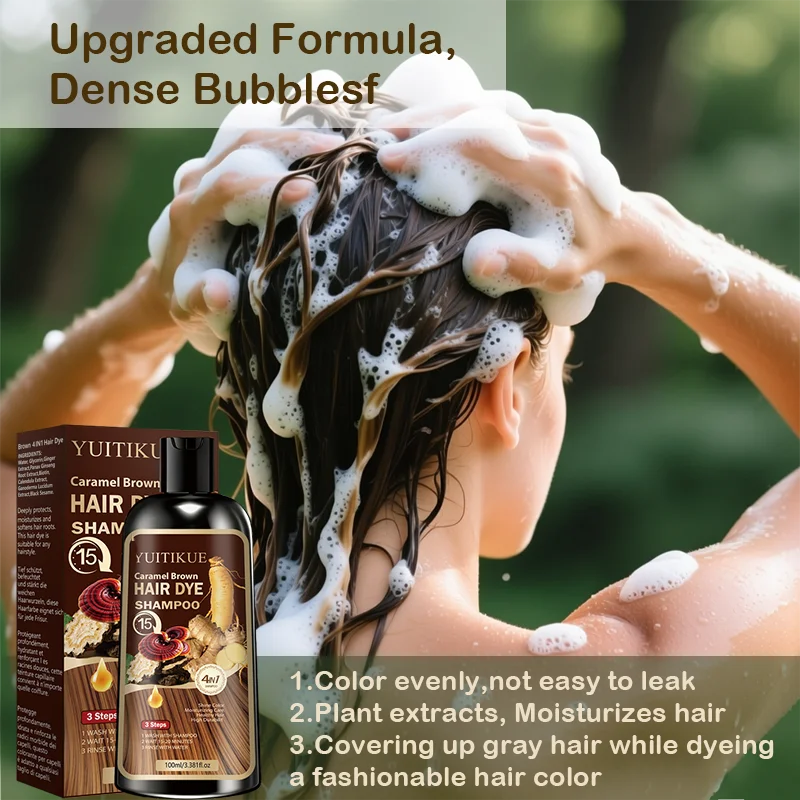 Herbal Hair Dye Shampoo, Fast Coloring, Reishi and Ginseng Extract, Gentle Gray Coverage without Damaging Hair, Caramel Brown