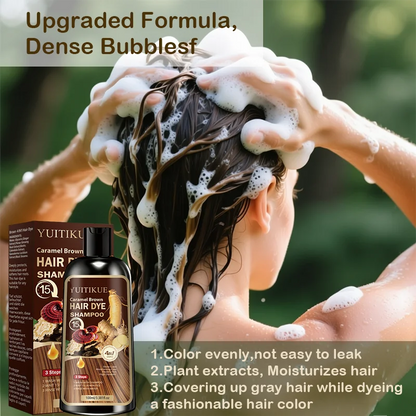 Herbal Hair Dye Shampoo, Fast Coloring, Reishi and Ginseng Extract, Gentle Gray Coverage without Damaging Hair, Caramel Brown