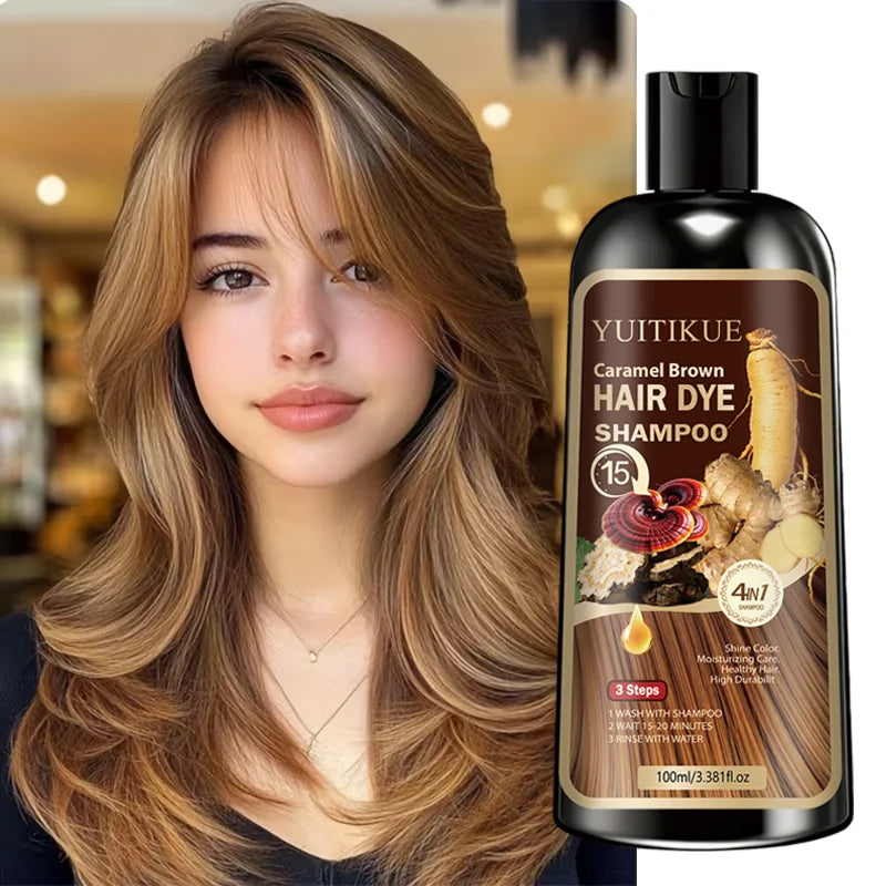 Herbal Hair Dye Shampoo, Fast Coloring, Reishi and Ginseng Extract, Gentle Gray Coverage without Damaging Hair, Caramel Brown